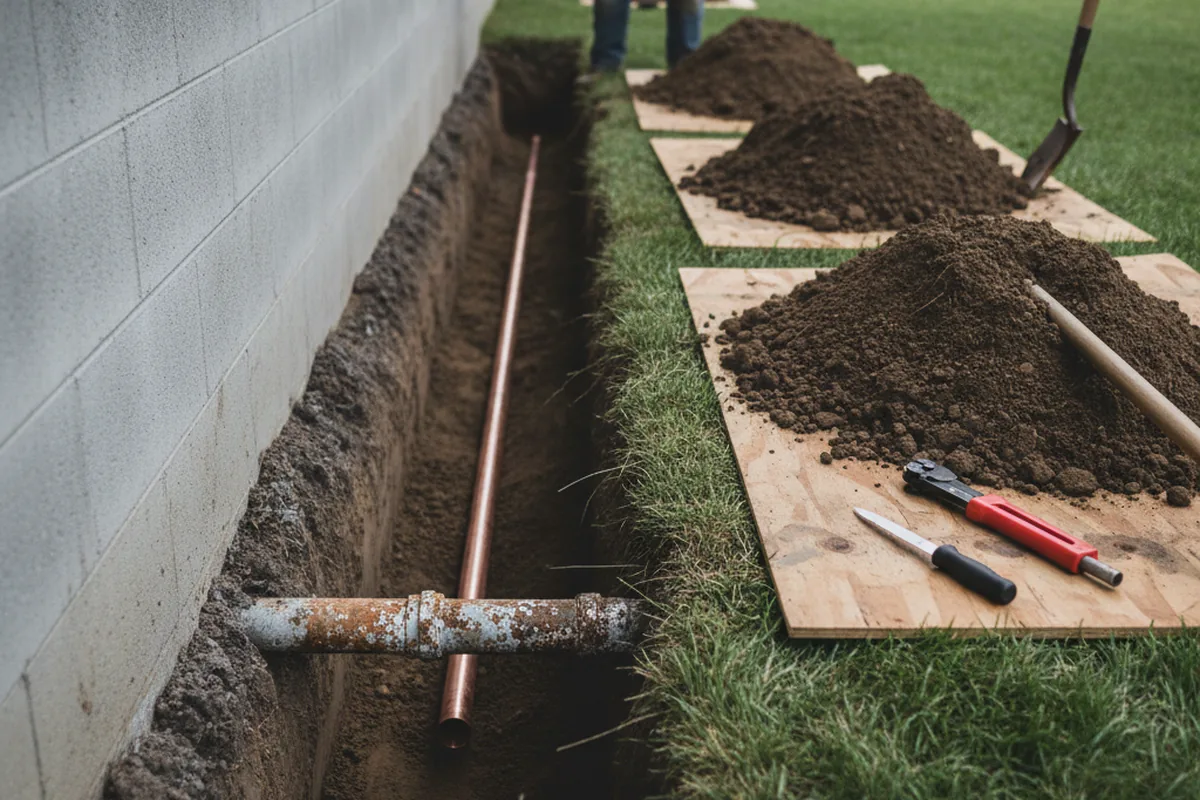 Excavated water line trench during Water Softener Installation in Belcher